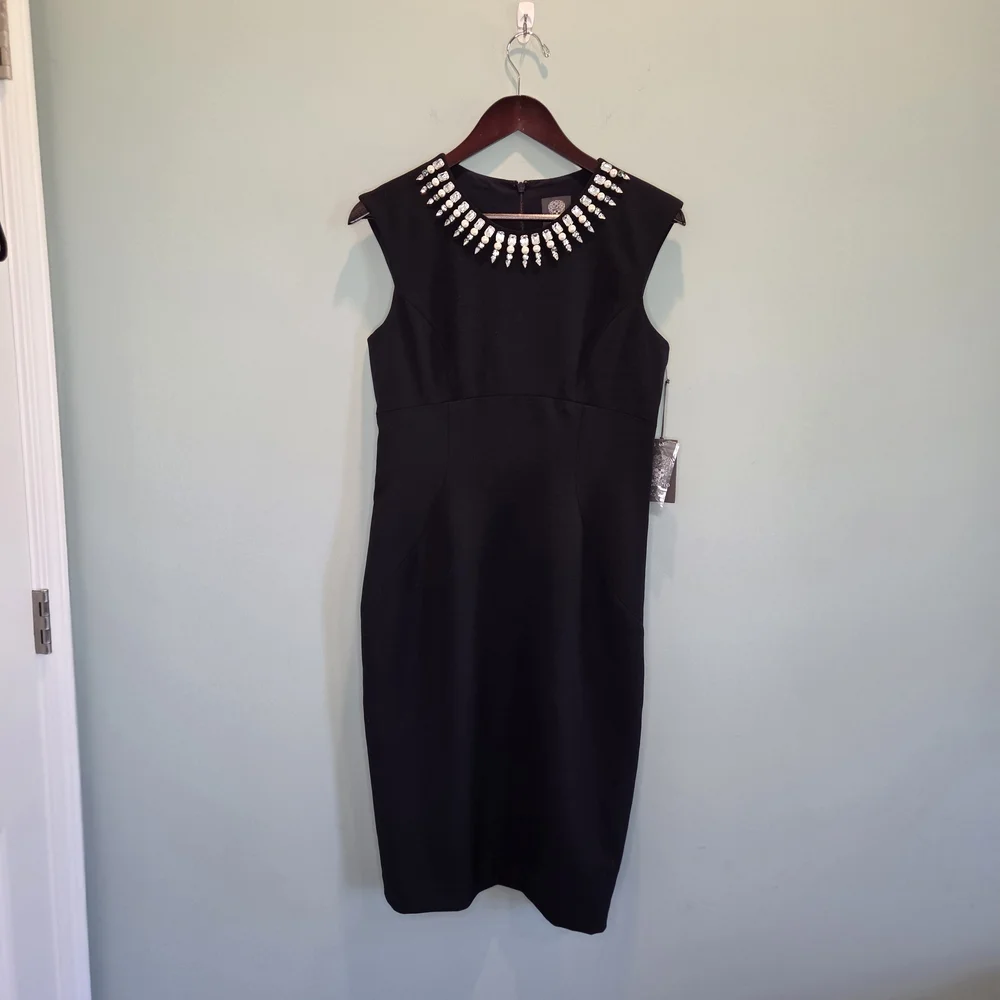 Vince Camuto NWT Navy Jewel Embellished Neckline Sheath Dress Size 8 - Picture 2 of 11